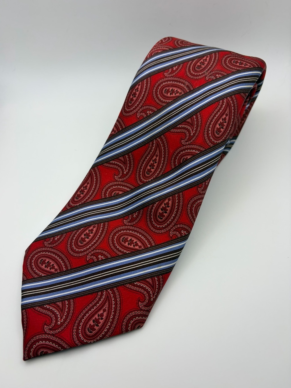 Brioni Red Paisley Tie with Blue and Gray Stripes